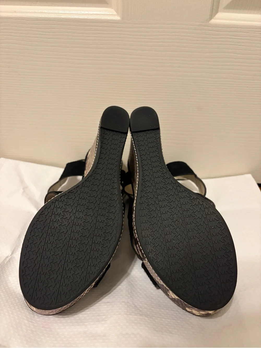 Michael Kors Black Suede Strappy Wedge Sandals with Snakeskin Platform